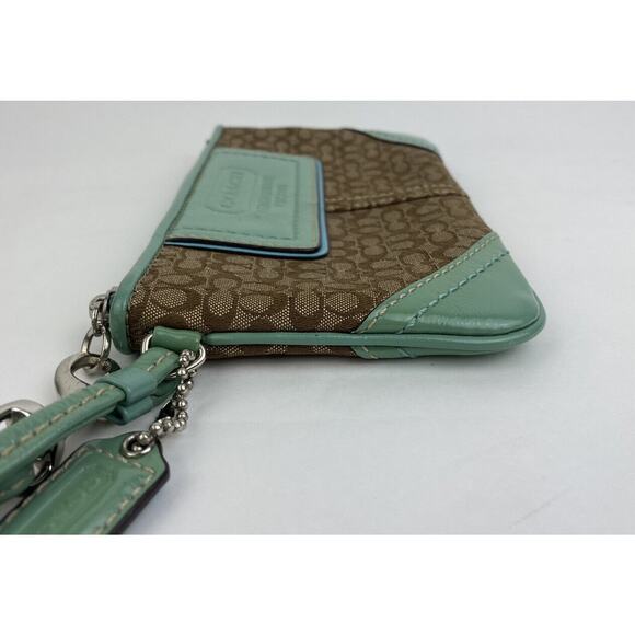 VTG Coach Wristlet Wallet Monogram Brown Canvas Teal Patent Leather Classic - Picture 6 of 9